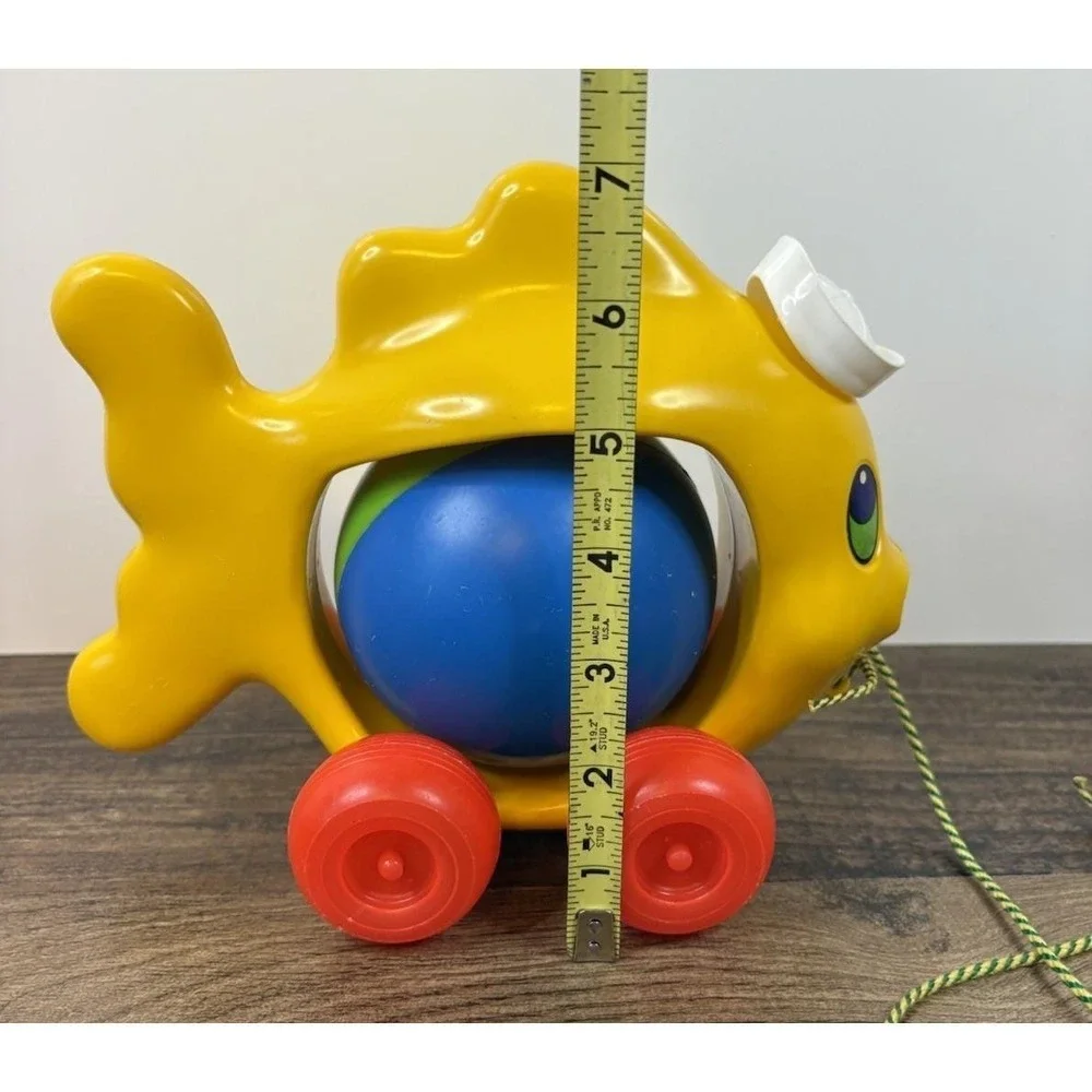 Vintage Pull Along Fish Toy Rolling Ball Rattle Plastic Sailor Hat